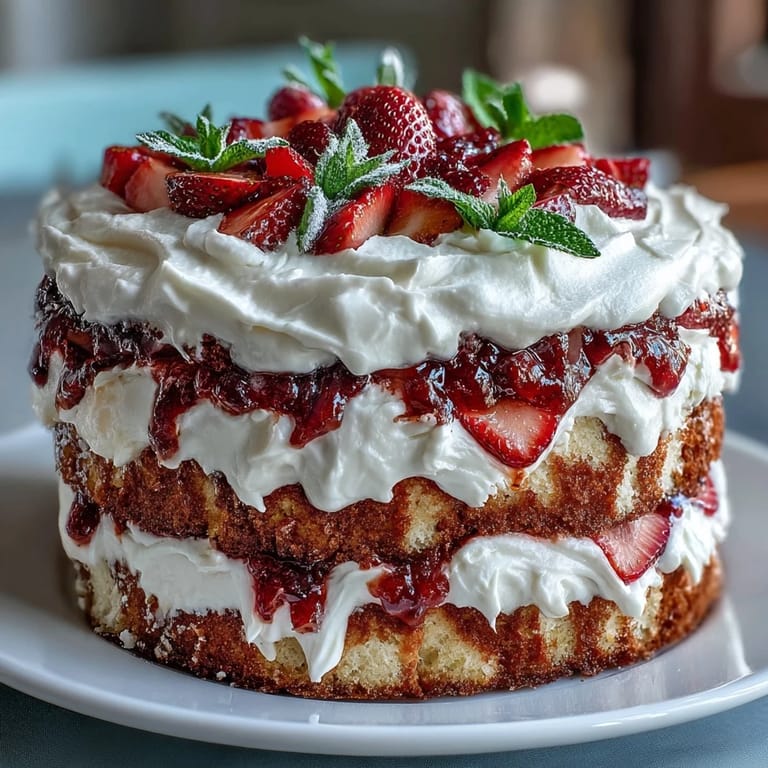 Elegant Naked Cake with Strawberries and Cream: tender vanilla sponge, luscious whipped cream, and ripe berries in a classic spring dessert.