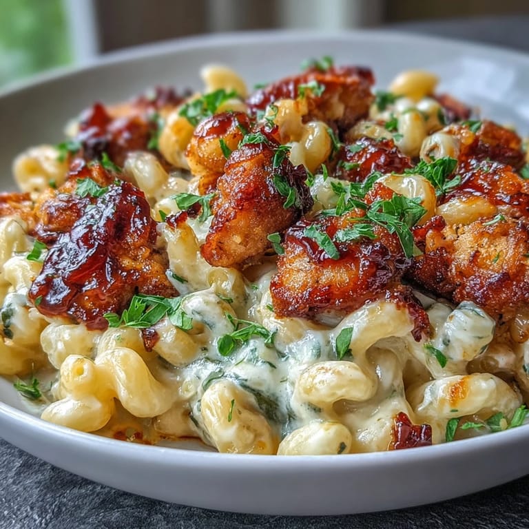 Melted cheddar and mozzarella cling to macaroni in a Sticky Honey BBQ Chicken Pasta Skillet, with a glistening honey BBQ glaze drizzled over tender bites.