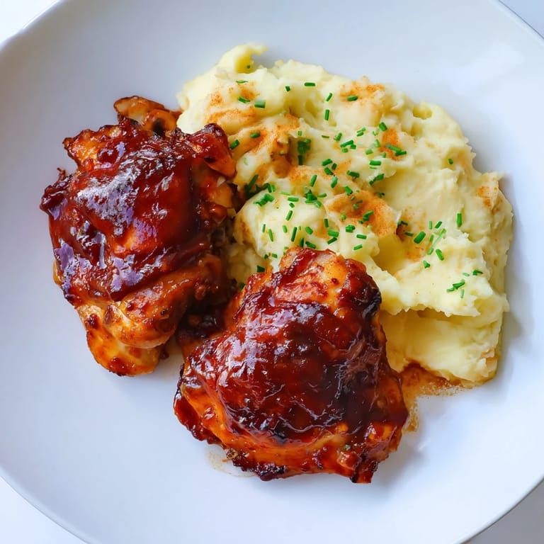 Tender Honey BBQ Chicken Thighs, glazed and baked, accompanied by a bowl of creamy, fragrant mashed potatoes.