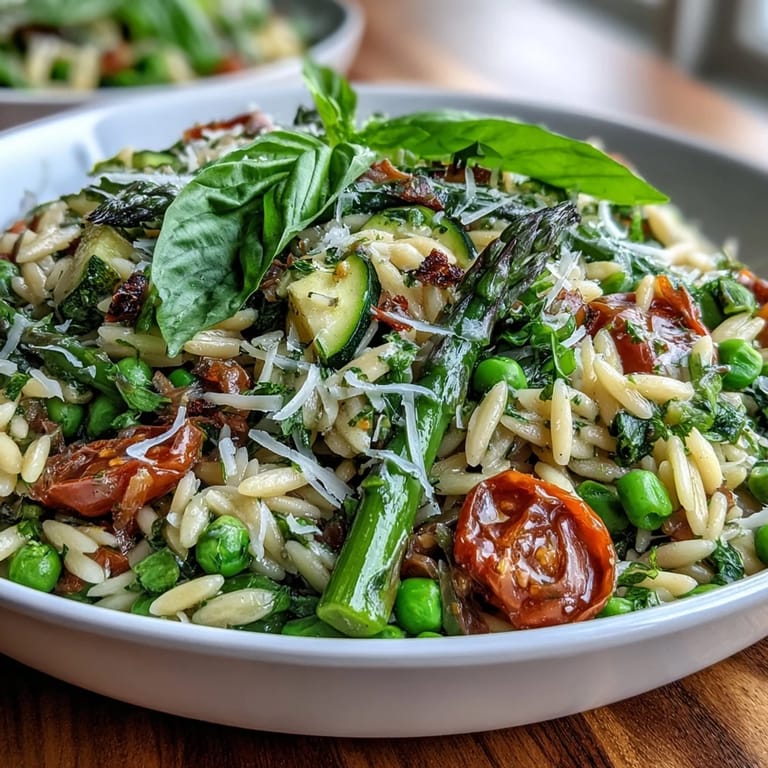 Creamy orzo pasta mixed with fresh spring vegetables, fragrant basil, and a hint of lemon for a vibrant seasonal dish.