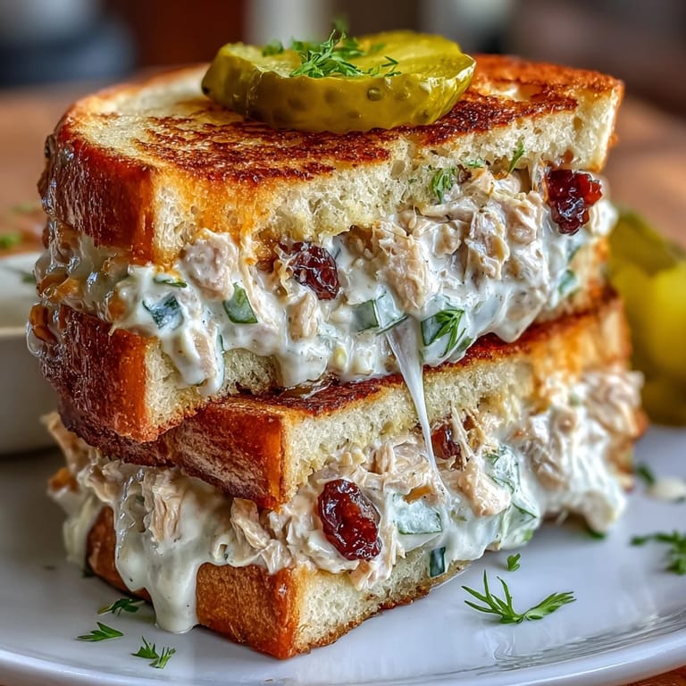 Savory tuna melt sandwich with gooey cheese, crunchy pickles, and buttery grilled bread.  