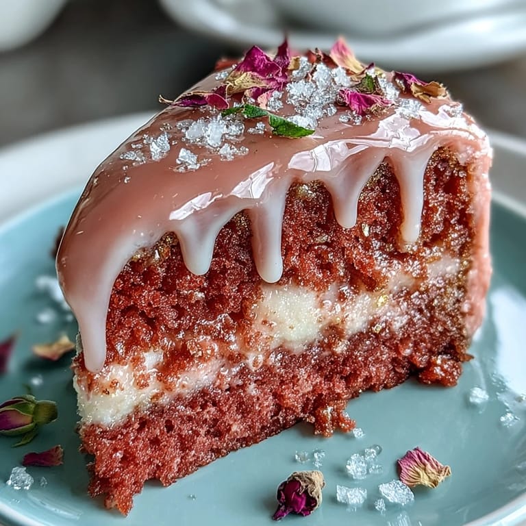 Rosé wine-infused pink velvet cake layered with creamy rosé buttercream and finished with a stunning gold drip.