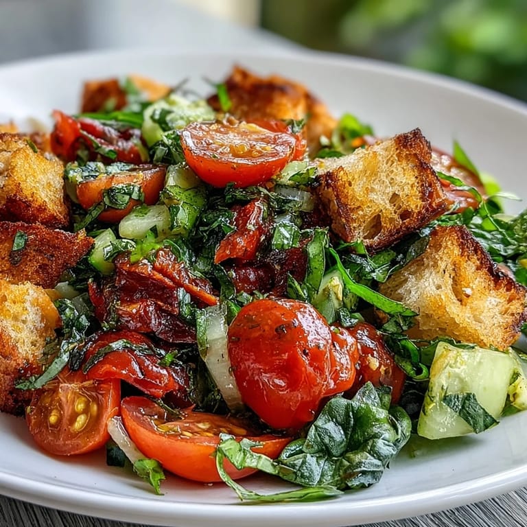 Golden, charred bread chunks mingle with ripe tomatoes in this rustic Summer Panzanella salad.