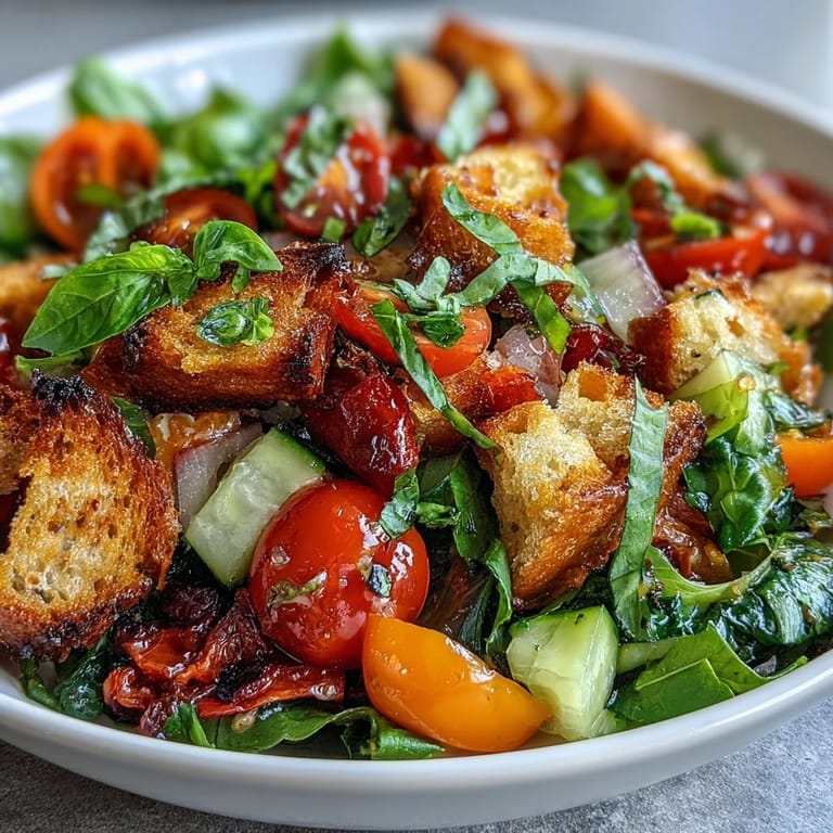 Enjoy fresh Summer Panzanella with crisp vegetables and a light, tangy red wine vinaigrette.
