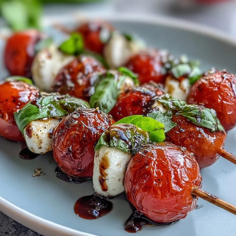 Easy mini Caprese skewers: tomatoes, mozzarella, basil, and sweet balsamic drizzle.