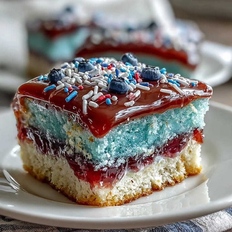 Slice from this Patriotic Poke Cake adorned with fluffy whipped cream.