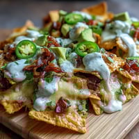 Soccer Game Day Nachos with Cheese Sauce piled high on crispy tortilla chips, topped with fresh jalapeños, diced tomatoes, and creamy avocado.