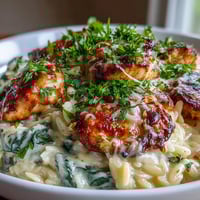 Golden seared chicken nestled in creamy orzo with spinach and Parmesan, garnished with fresh parsley in a rustic skillet.  