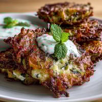 Crispy zucchini fritters with feta and mint yogurt sauce, golden and savory, perfect for a light appetizer or snack.