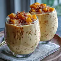 Creamy mango coconut chia smoothie in a glass, garnished with fresh mango cubes and coconut flakes, perfect for a tropical breakfast or snack.