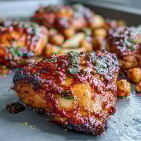 Harissa chicken thighs roasted with chickpeas and colorful vegetables on a sheet pan. A spicy, vibrant Mediterranean-inspired dinner. Juicy harissa-marinated chicken with roasted vegetables and chickpeas for an easy, flavorful one-pan meal. Serve with fresh herbs and lemon wedges. Spicy harissa chicken and vegetable traybake with golden roasted chickpeas, perfect for a quick and healthy weeknight dinner.
