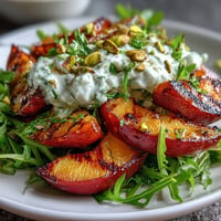 Grilled peach and burrata salad, a sweet, creamy, and fresh summer delight.