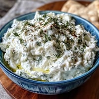 Creamy Greek Skyr Tzatziki dip with fresh dill and garlic, perfect for dipping.