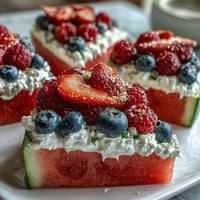 Festive 4th of July Watermelon Pizza topped with creamy frosting and fresh berries.